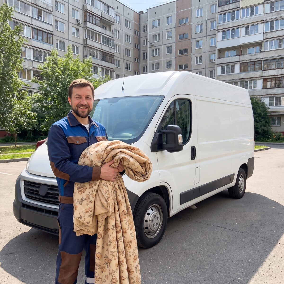 Курьер с узорчатым ламбрекеном возле автомобиля
